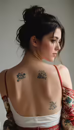 a woman in a white dress with tattoos on her back