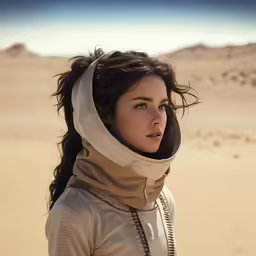 a woman with a desert background, wearing headdress