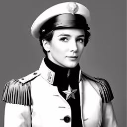 a woman in uniform with a hat and dress shirt