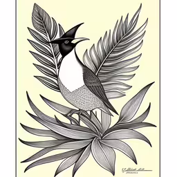 a small bird sits on a branch with a fern leaf,black and white drawing of a bird on top of leaves