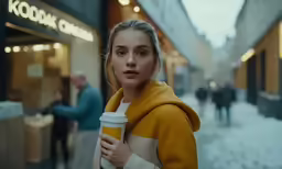 woman with a cup in hand standing on the street