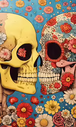 two skulls are pictured with flowers and one is in a field