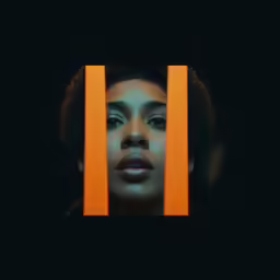 a woman with blue lipstick looking through a pair of orange bars