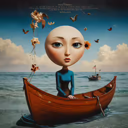 there is a painting of a person with blue eyes in a brown boat,a painting of a woman floating in a boat surrounded by butterflies