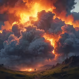 there is a man standing on the edge of a grassy hill looking down at an enormous, massive cloud like formation