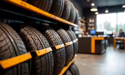 a row of tires behind a yellow belt