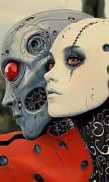 an artistic portrait of two skulls and a human head