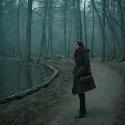 a woman is standing on a path in the woods
