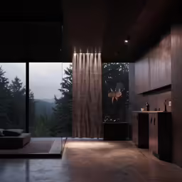 there is a large bath room with a large window in it