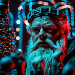 a man with a long beard standing near a tower