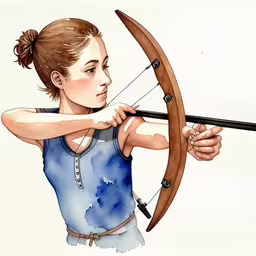 a girl in blue is holding up her bow,a woman holding a bow and arrow with the back of her head turned towards the camera