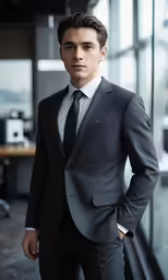man in a suit leaning against a window