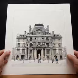 a hand holds up an old photo with a dome