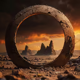 a strange round structure in the desert during sunset