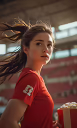a young girl is holding a popcorn box