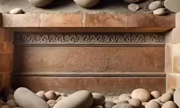 some brown stones a wooden shelf and some building