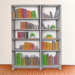 an image of a book shelf with many books on it,a book shelf with books painted on it,the bookshelf is full of books and is in front of a wall,a book shelf filled with lots of books and colorful books,a shelf containing books and an orange object with a cactus