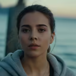 a woman wearing a gray hoodie by the ocean