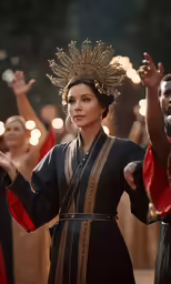 the woman is dressed in black and gold