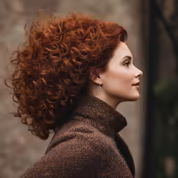 the young red - haired woman is gazing in the distance