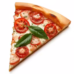 there is a slice of pizza with tomatoes and basil