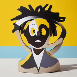 paper sculptures by an artist with large eyes and hair