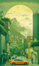 a yellow car parked in front of some tall buildings,a car driving down a street surrounded by tall buildings