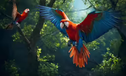 a red parrot is flying in front of a blue and yellow bird