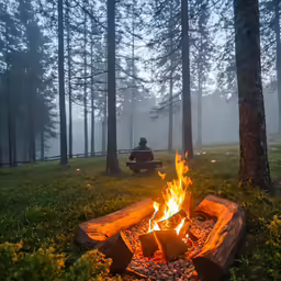 a man sitting on a bench in the forest by the fire