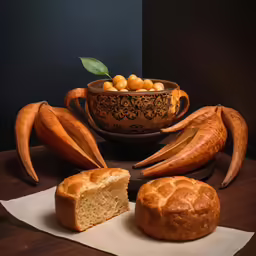 a wooden table topped with a loaf of bread and a plate