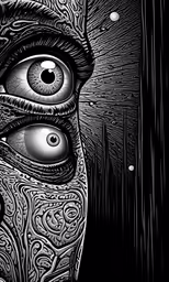 an eye looking up with black and white designs