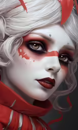 a woman with red makeup and horns is posing for a photo