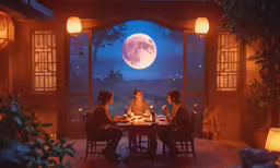 three women sitting at a table in the middle of an illuminated room with moonlight lights shining down on the landscape