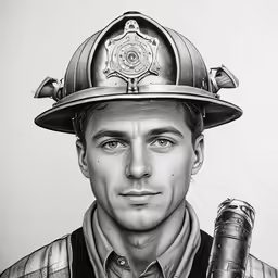 pencil drawing of fire fighter wearing a hat and uniform