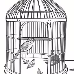 birds are in the cage with a bird in the middle,an illustration of a bird sitting on top of a cage with its beak open