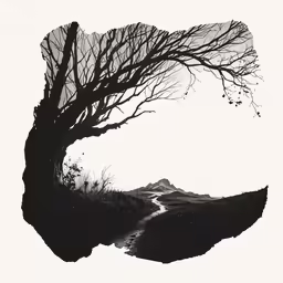 a tree with no leaves is silhouetted against a white background