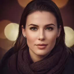 a woman wearing scarf with lights in background
