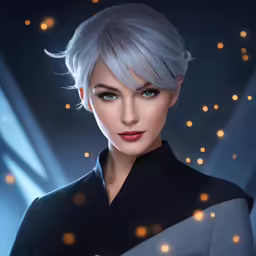 a digital rendering of a woman with white hair