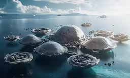 a bunch of clams floating on a body of water