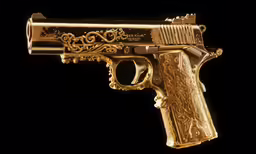 golden pistol on black background with clipping light from the side