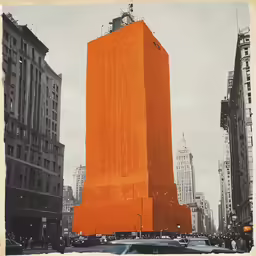 an orange box in the middle of city