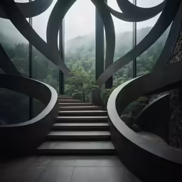 the inside view of a building with concrete stairs