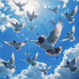 the white doves are flying high up in the air