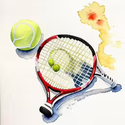 a painting of two tennis rackets and two balls,a watercolor drawing of a tennis racket and balls,a watercolor painting with two tennis rackets and a ball,a drawing of a tennis racket and ball,a painting depicting tennis rackets and a ball on a white background