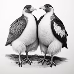 two birds standing next to each other in front of a white wall