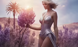 a woman in lingerie standing near a palm tree