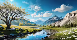 a landscape painting of mountains, a river and a tree