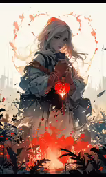 a girl with white hair holding a heart