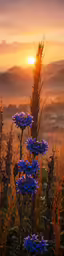 a group of blue flowers in front of the setting sun