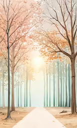 a painting of a pathway leading into the woods